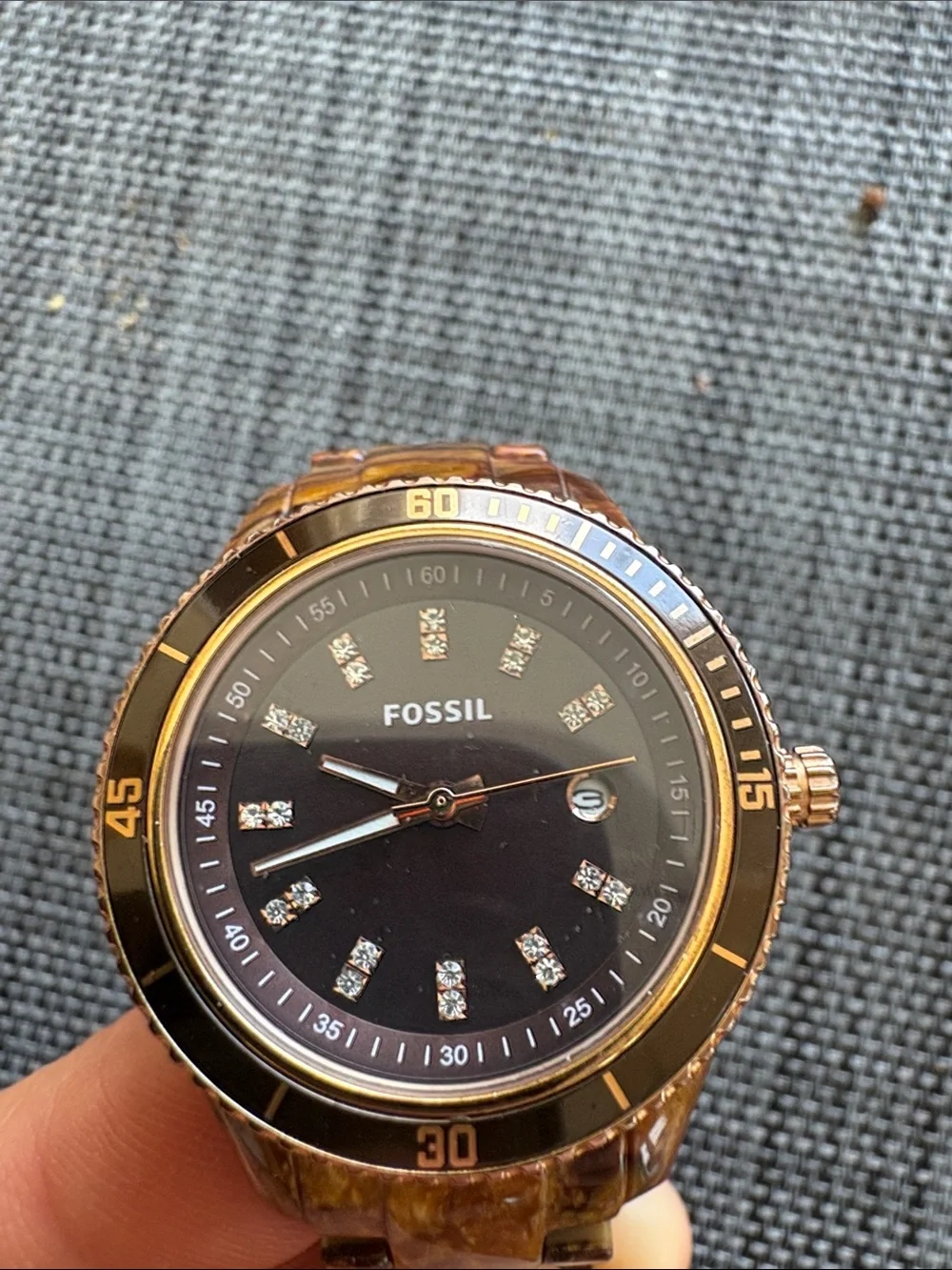 Women’s Fossil Black Dial Watch with Tortoiseshell Bracelet and Gold Accents